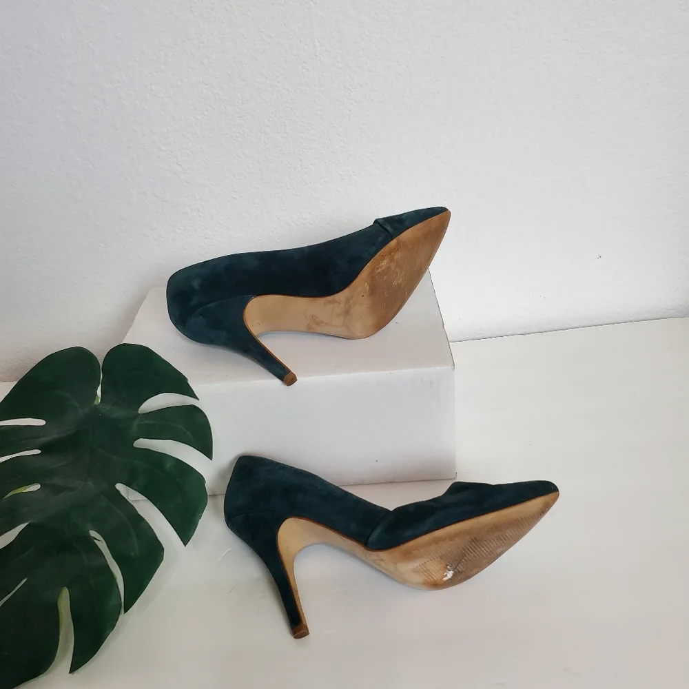 Madewell The Mira Suede Leather Pointed Toe Heel Pumps Shoes 6 1/2 Green Hunter - Picture 11 of 16